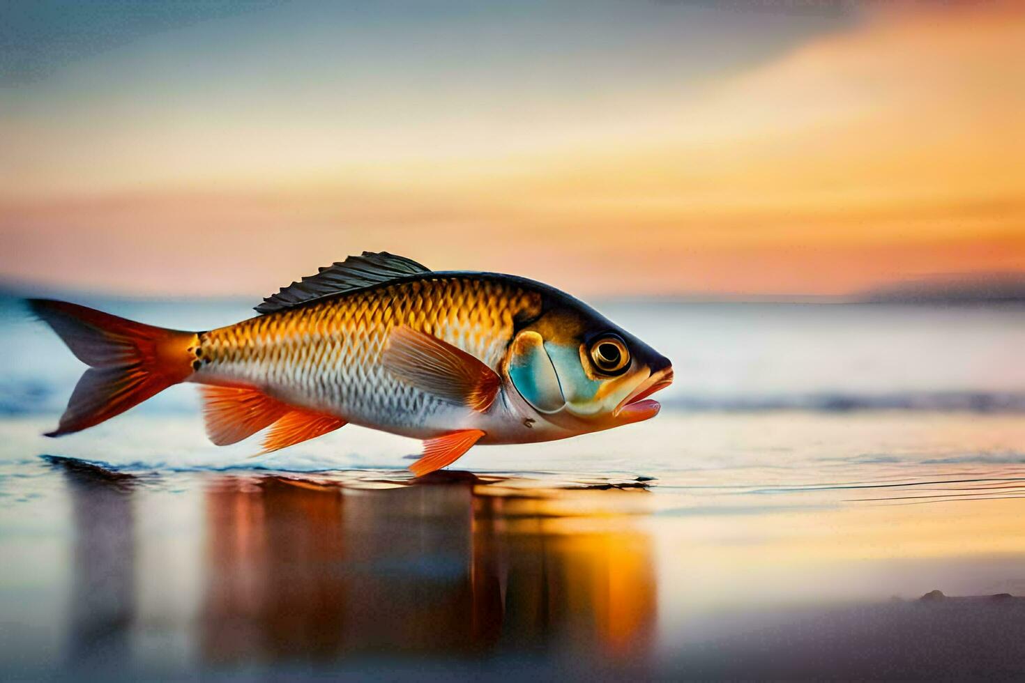 uma peixe é caminhando em a de praia às pôr do sol. gerado por IA foto