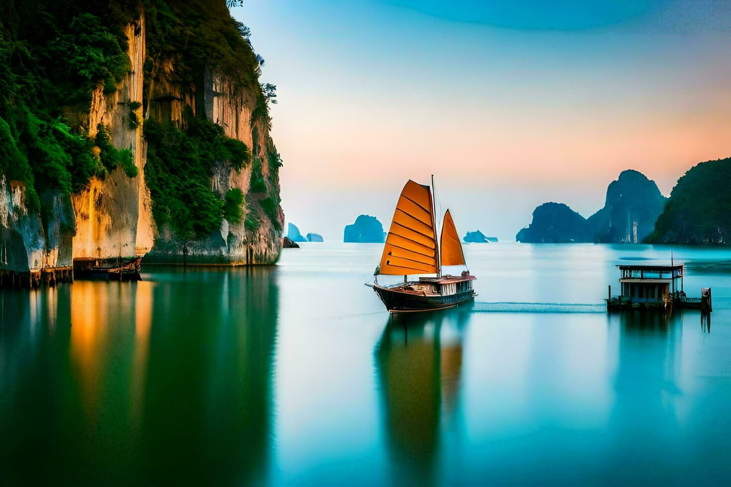 uma barco com uma vela velas através a água. gerado por IA foto