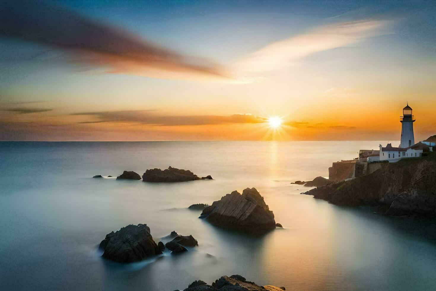 a Sol conjuntos sobre uma farol em a oceano. gerado por IA foto