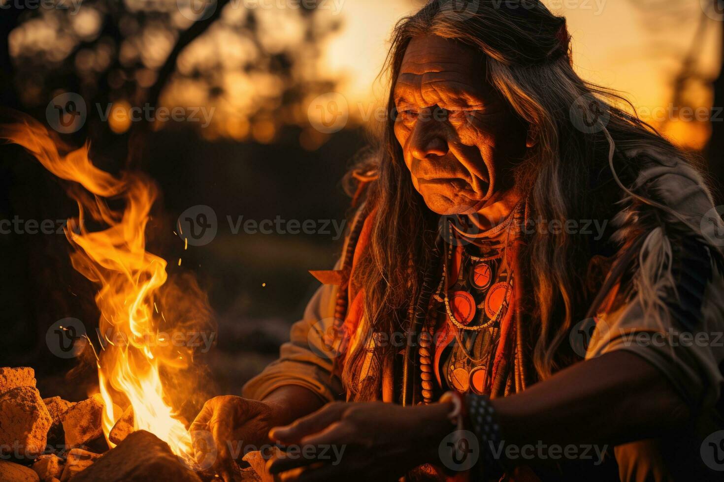 nativo americano mais velho narrando tribal contos por aí uma crepitação fogo às crepúsculo foto