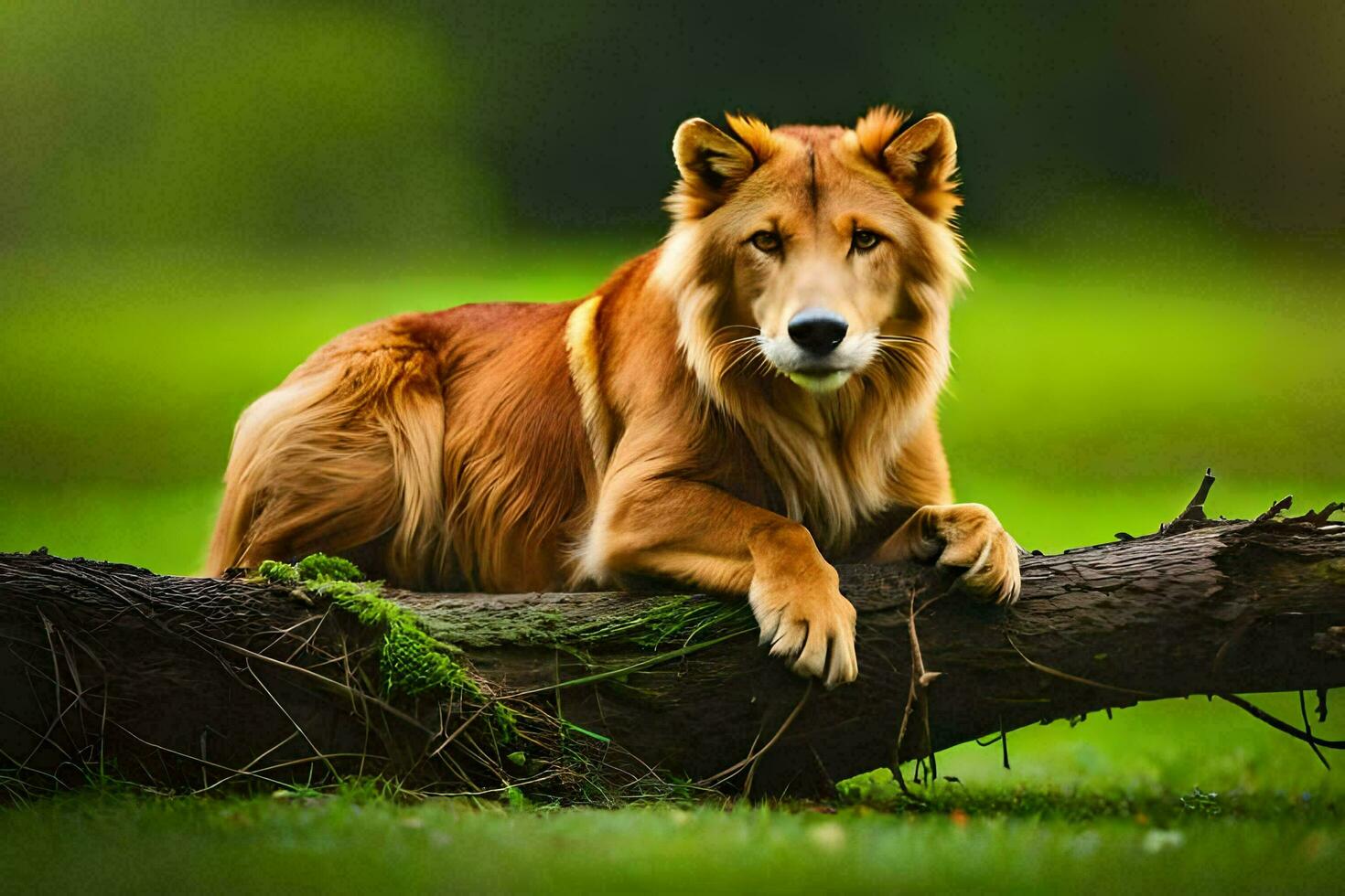 uma Castanho cachorro sentado em uma registro dentro a grama. gerado por IA foto
