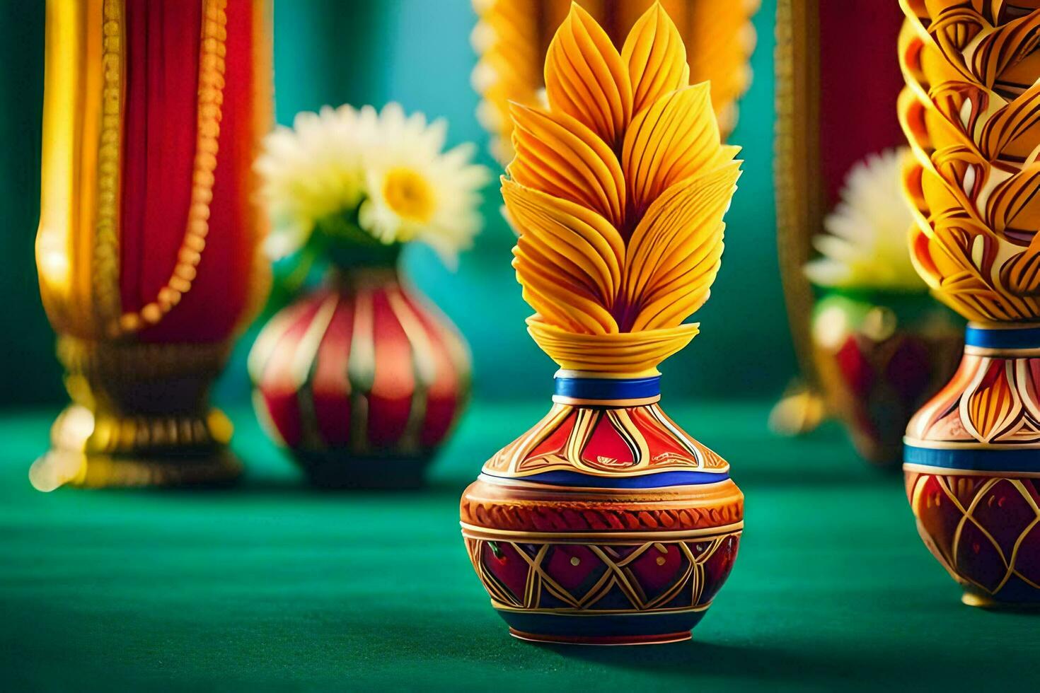 uma grupo do colorida vasos com flores dentro eles. gerado por IA foto