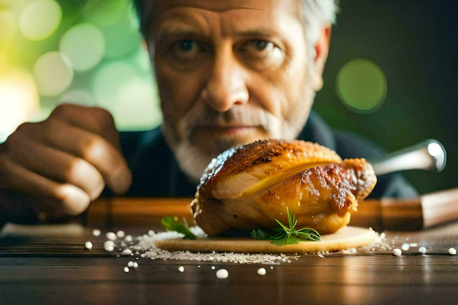 uma homem com uma barba e uma faca é segurando uma peça do frango. gerado por IA foto