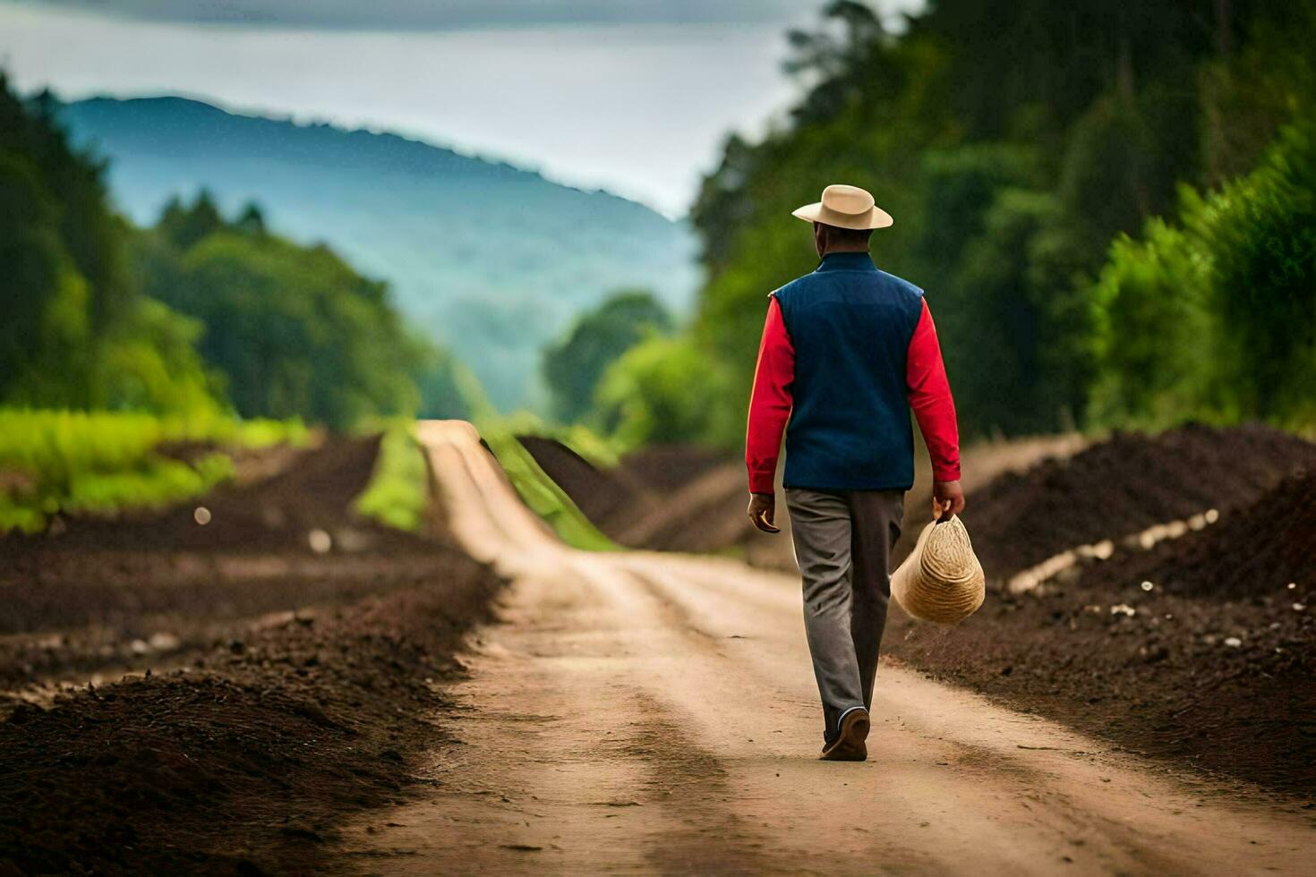 uma homem caminhando baixa uma sujeira estrada com uma chapéu sobre. gerado por IA foto