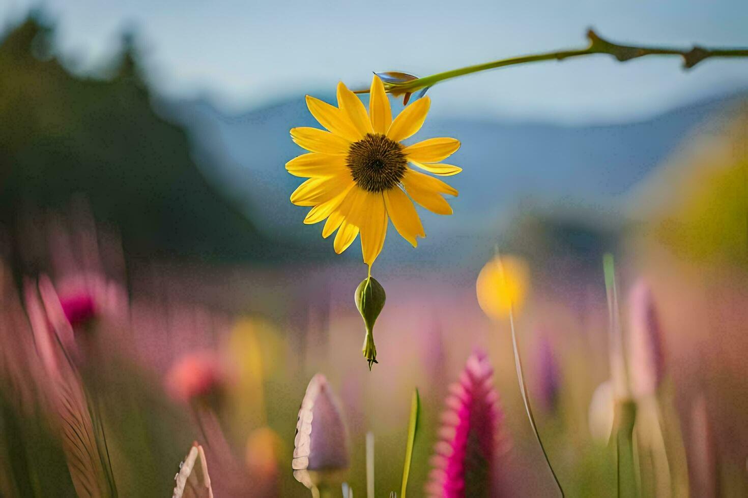 uma solteiro amarelo girassol dentro uma campo do flores silvestres. gerado por IA foto