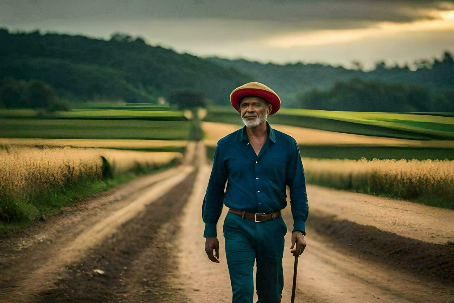 a velho homem caminhando baixa uma sujeira estrada. gerado por IA foto