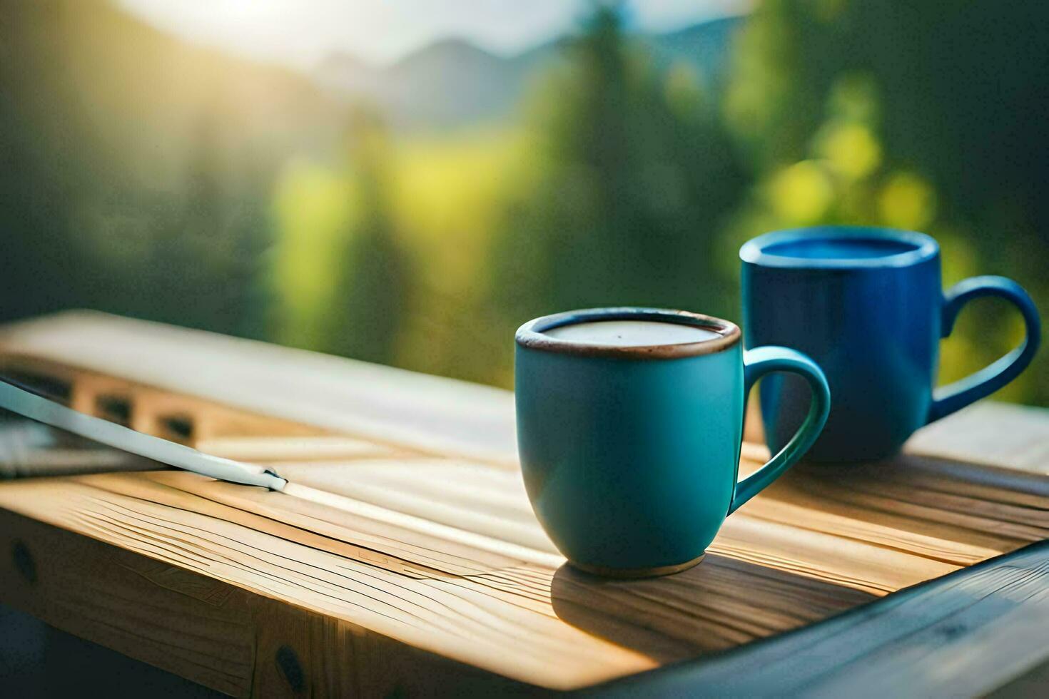 dois copos do café em uma de madeira mesa. gerado por IA foto