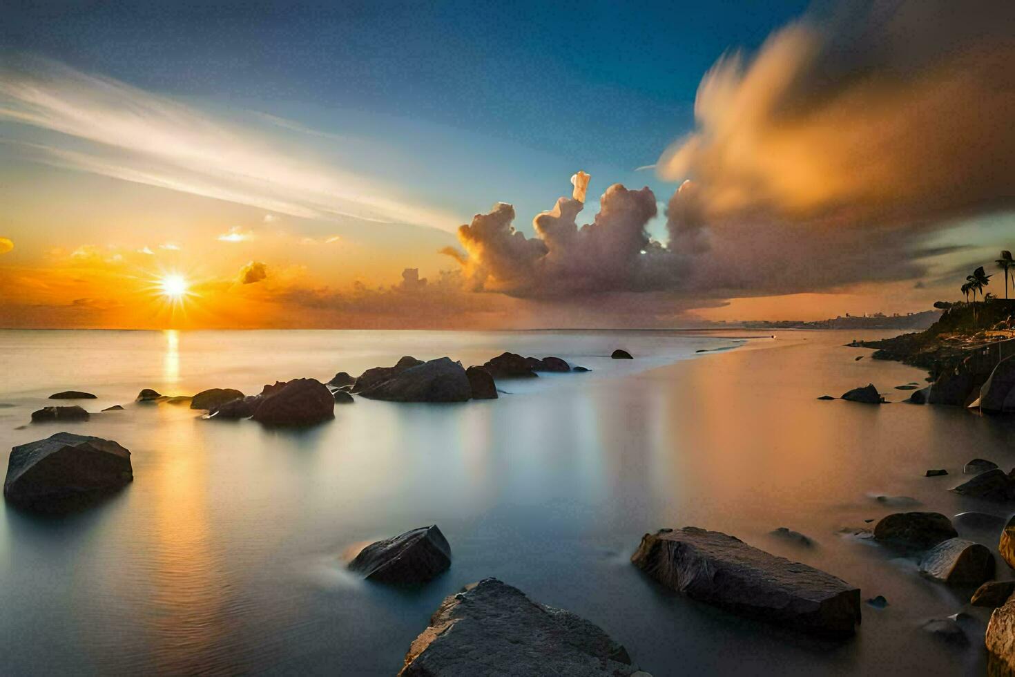 a Sol conjuntos sobre a oceano e pedras. gerado por IA foto