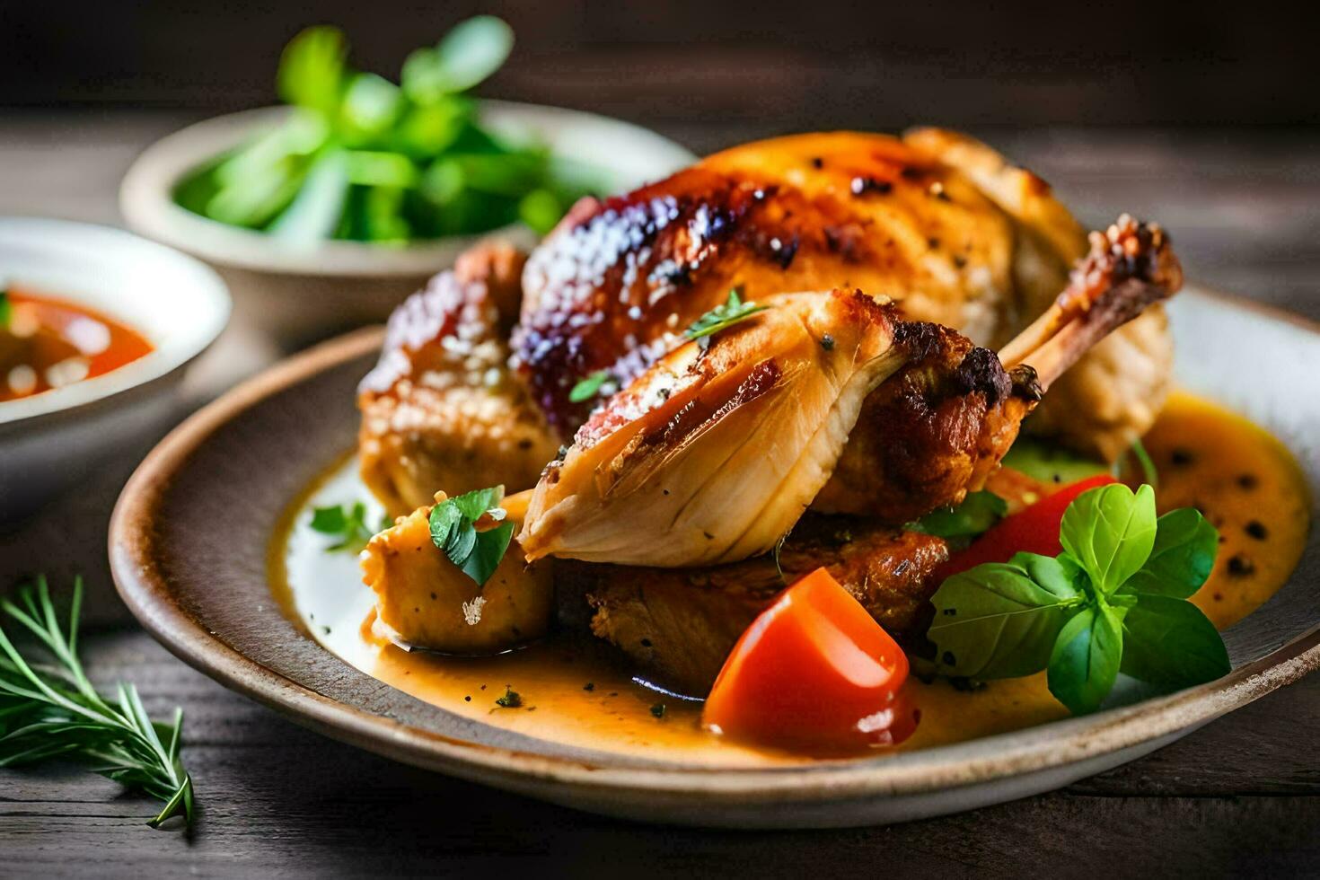 uma frango com molho e legumes em uma placa. gerado por IA foto