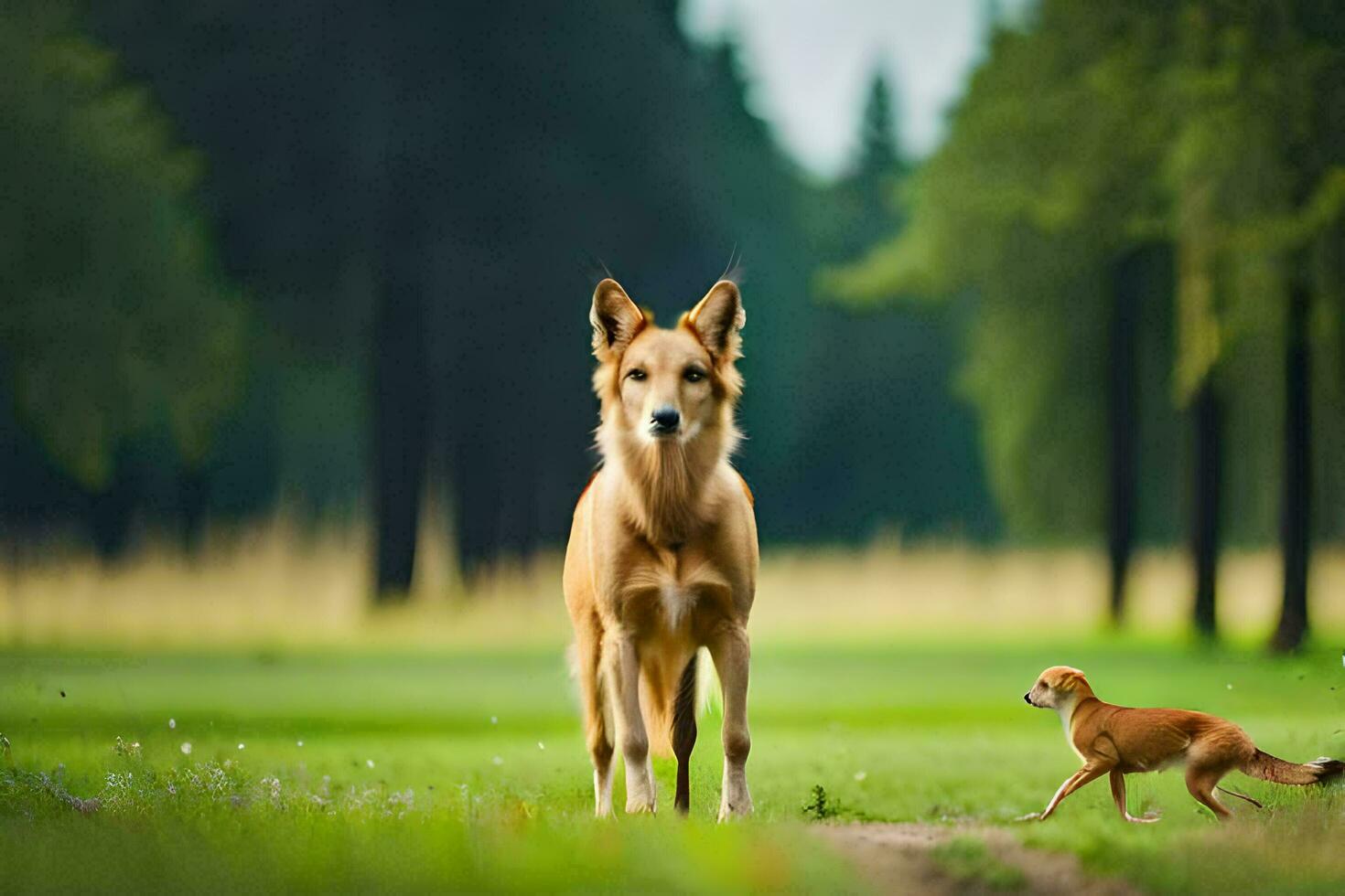 uma cachorro e uma cachorro caminhando dentro a grama. gerado por IA foto