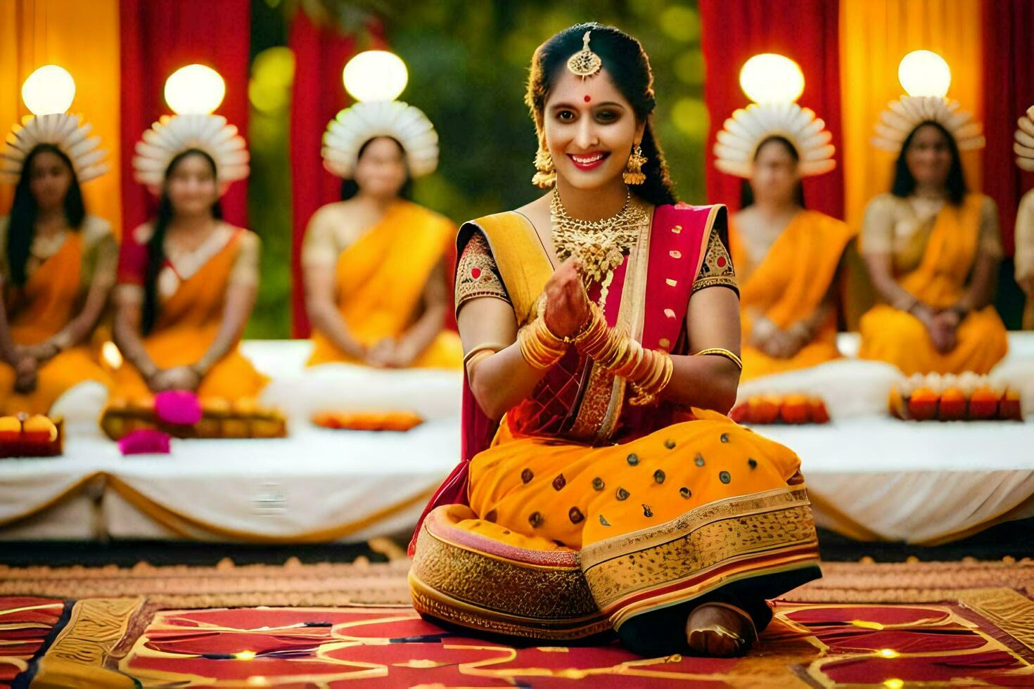 uma mulher dentro a indiano Casamento vestir sentado em a chão. gerado por IA foto