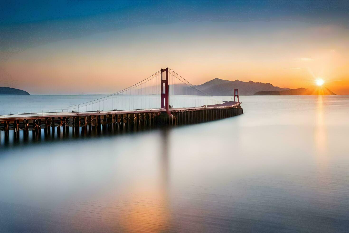 a dourado portão ponte às pôr do sol. gerado por IA foto