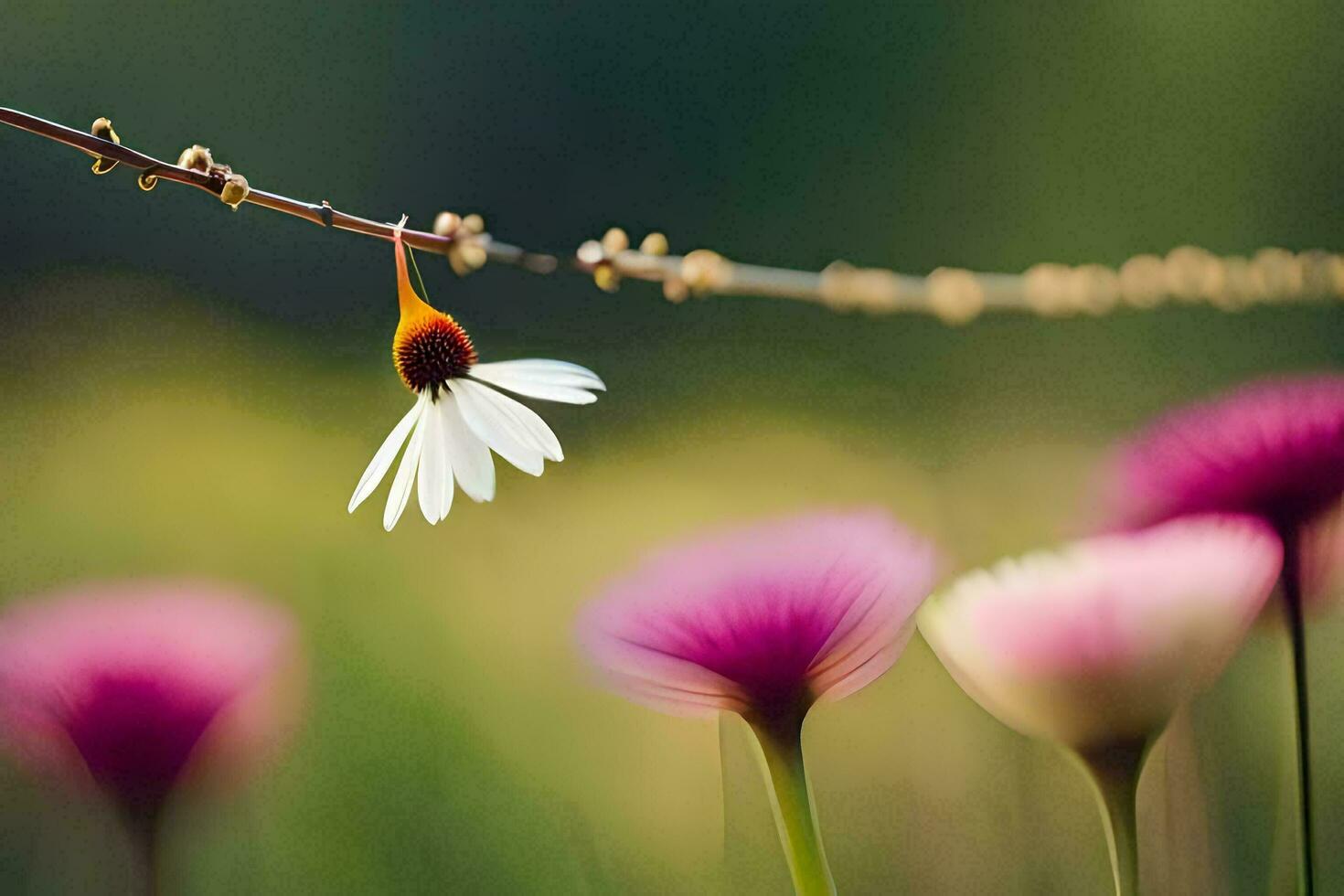 uma solteiro flor é suspensão a partir de uma arame. gerado por IA foto