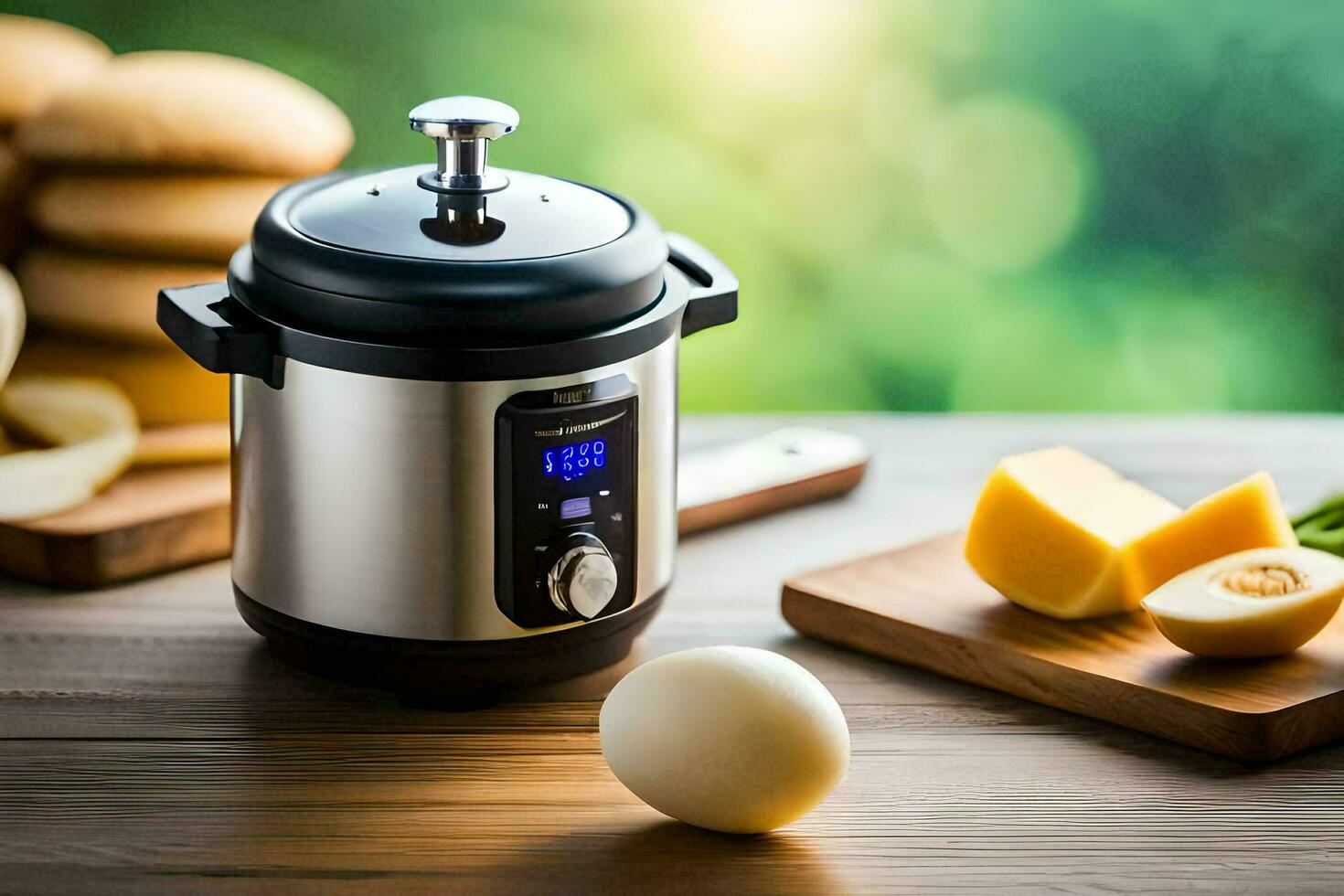 a elétrico pressão fogão com a ovo e pão em uma mesa. gerado por IA foto