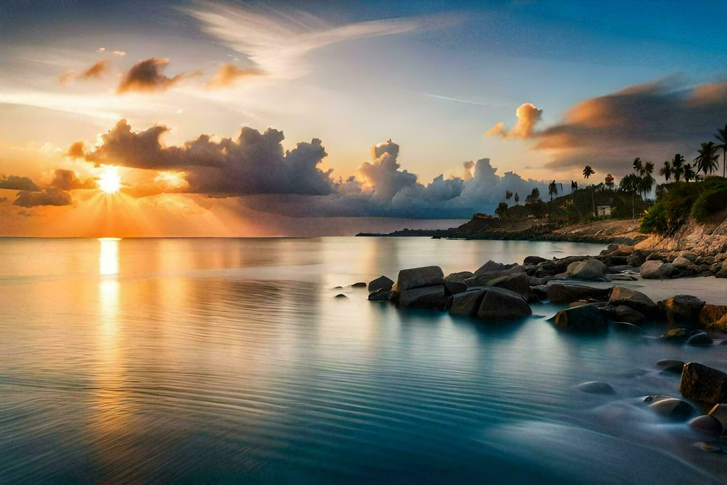 a Sol conjuntos sobre a oceano e pedras. gerado por IA foto