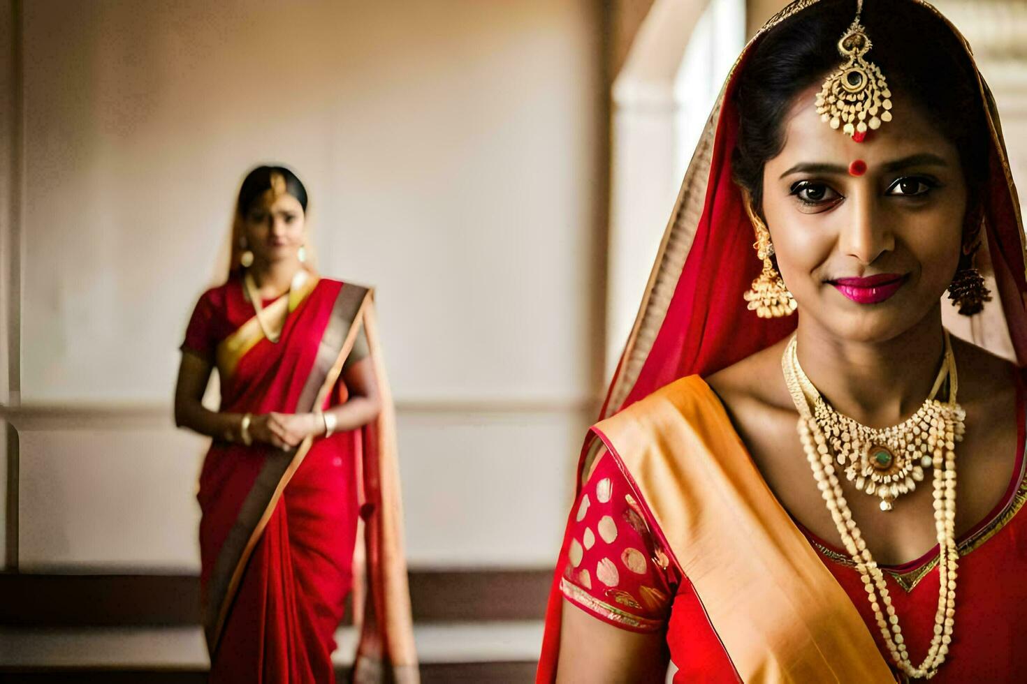 uma lindo indiano noiva dentro uma vermelho sári. gerado por IA foto