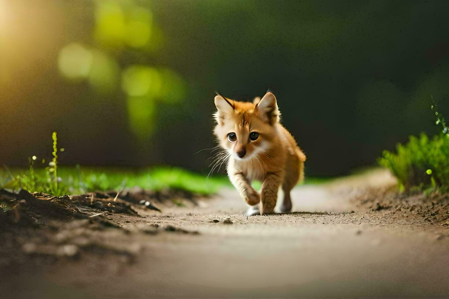 uma pequeno Raposa caminhando ao longo uma sujeira estrada. gerado por IA foto