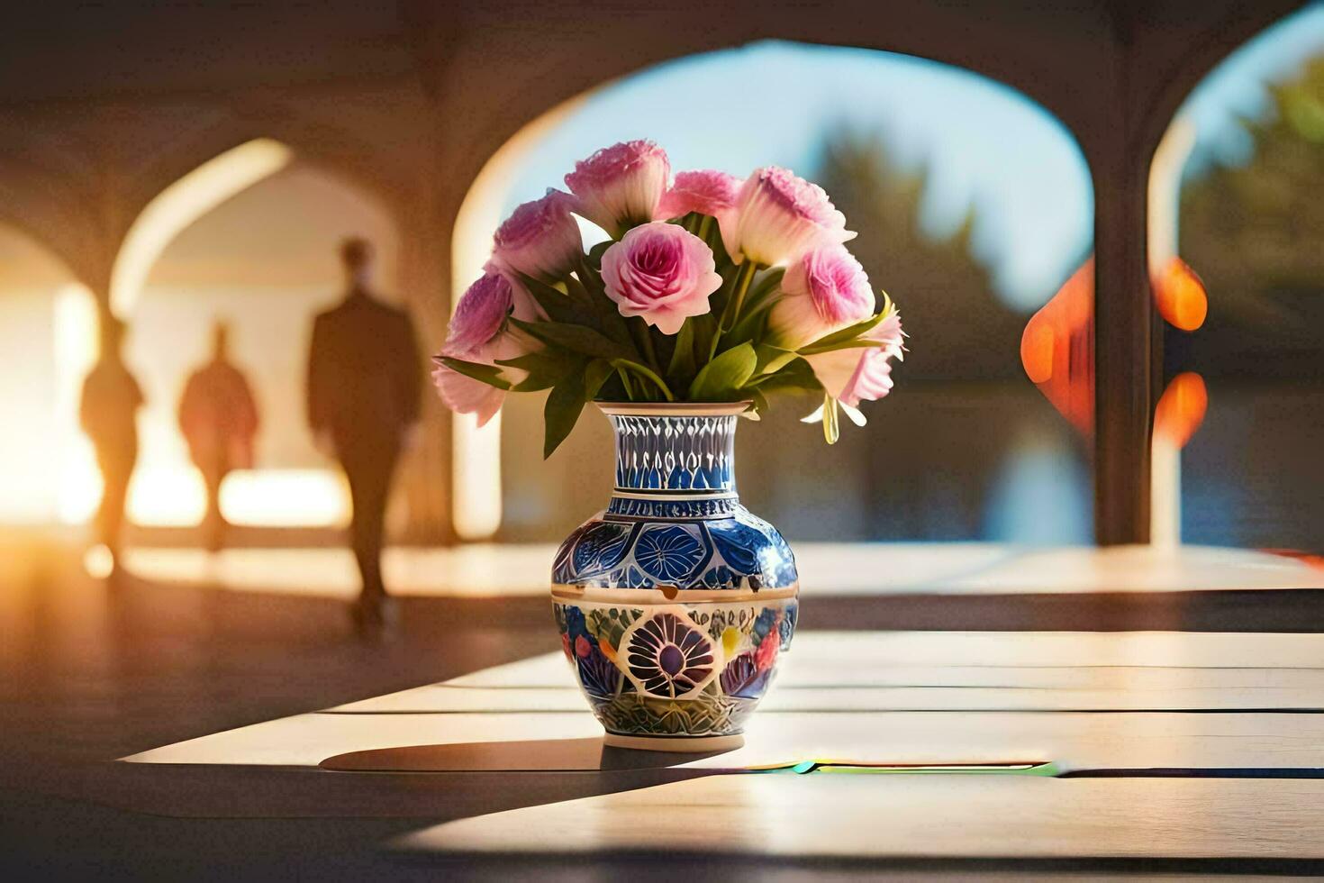 uma vaso com Rosa flores sentado em uma mesa. gerado por IA foto