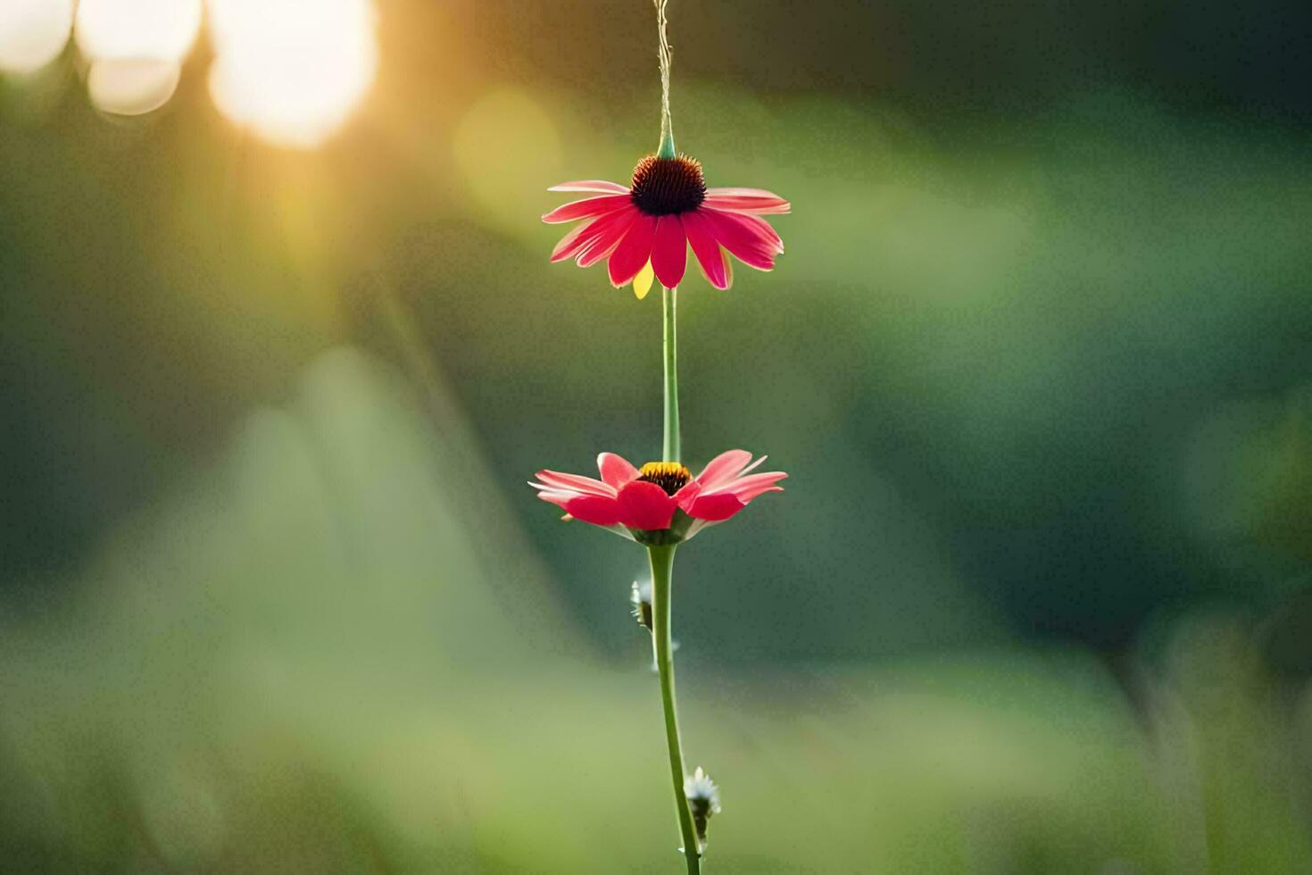 dois Rosa flores estão suspensão a partir de uma corda. gerado por IA foto