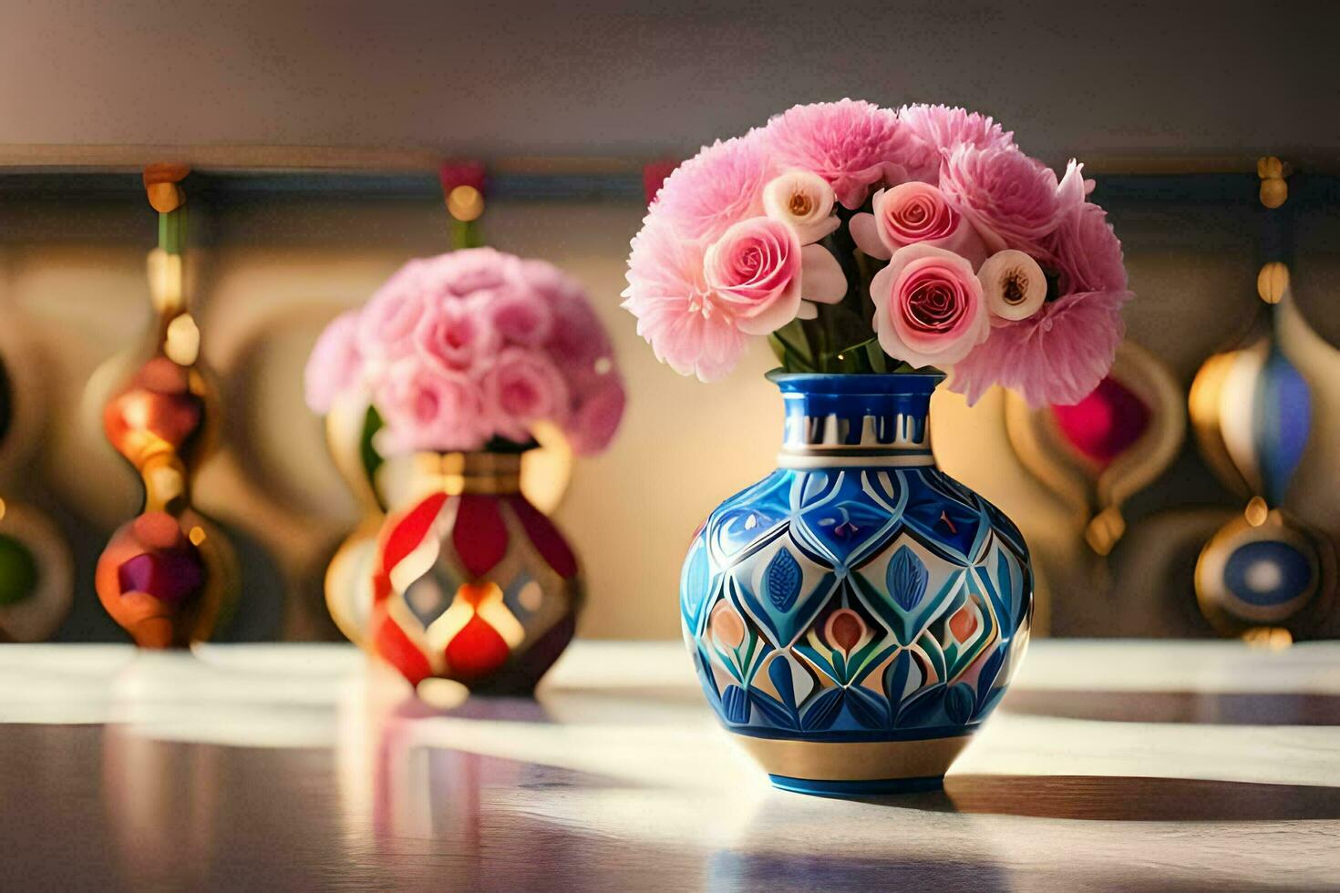 Rosa flores dentro uma vaso em uma mesa. gerado por IA foto