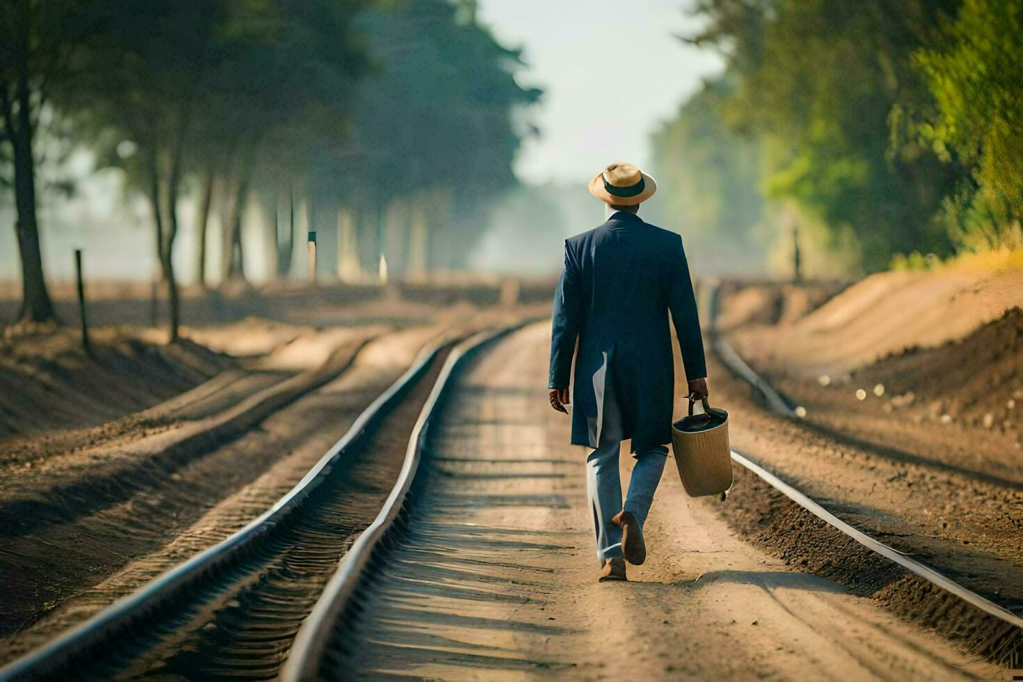 uma homem dentro uma terno anda em baixa uma Ferrovia acompanhar. gerado por IA foto