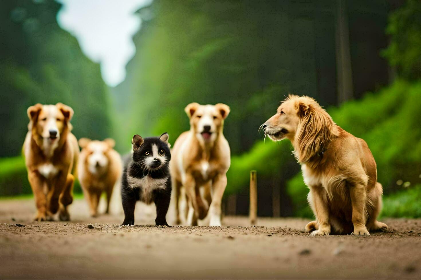 uma cachorro e uma grupo do cachorros estão em pé em uma estrada. gerado por IA foto
