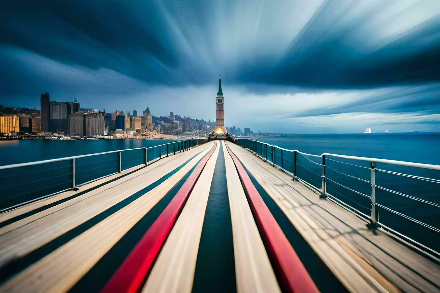 uma grandes exposição foto do uma ponte com uma cidade dentro a fundo. gerado por IA