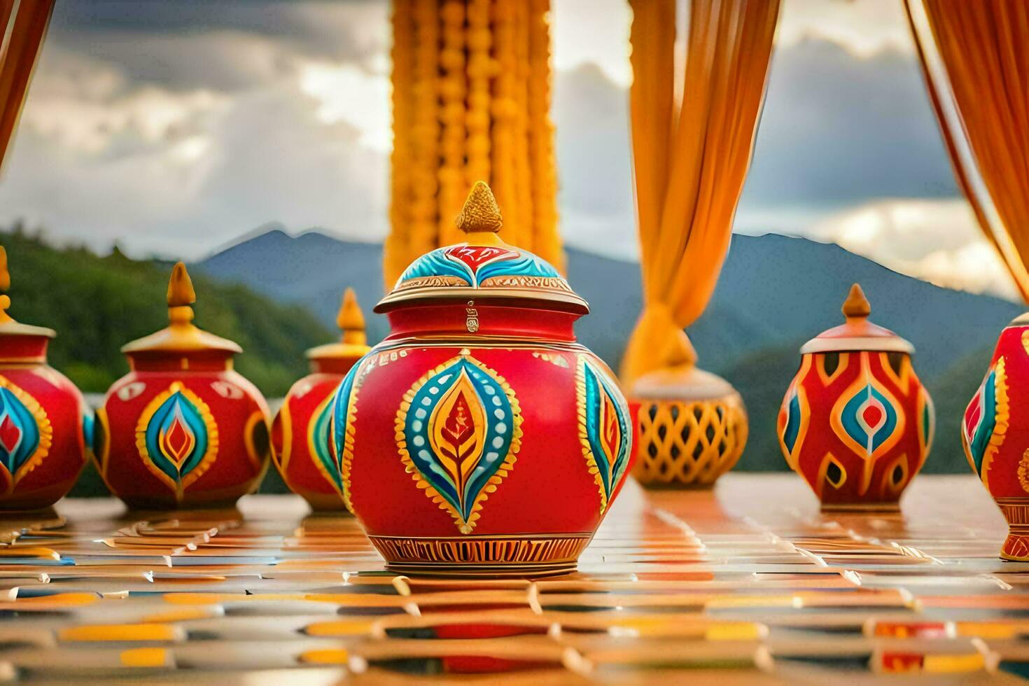 uma grupo do colorida vasos em uma mesa. gerado por IA foto