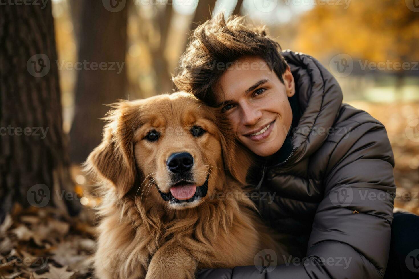 sorridente mulher com epilepsia abraçando dela emocional Apoio, suporte cachorro dentro parque foto