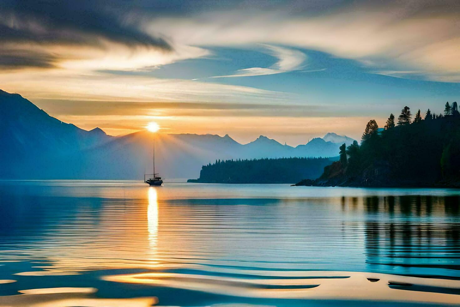 uma barco é Navegando em a água às pôr do sol. gerado por IA foto