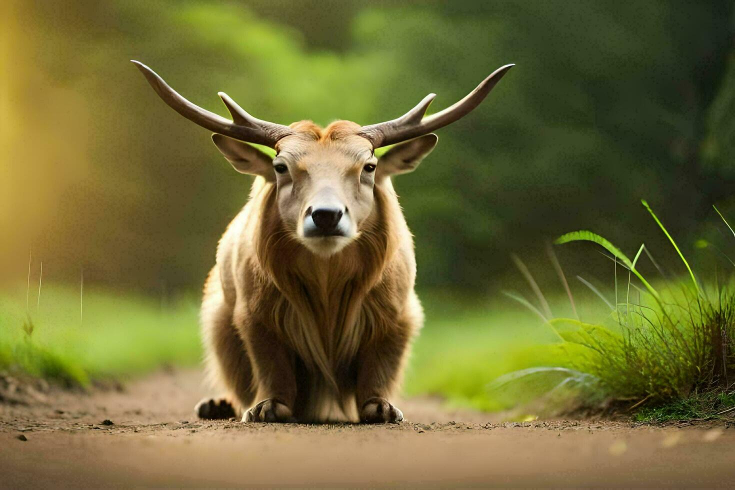 uma iaque é sentado em a estrada dentro a meio do uma campo. gerado por IA foto