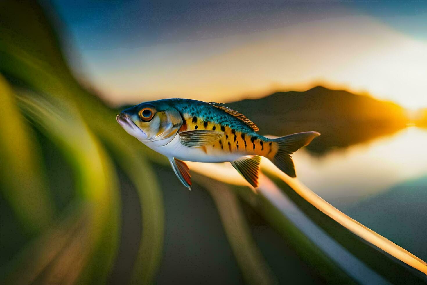 uma peixe é visto dentro a água às pôr do sol. gerado por IA foto