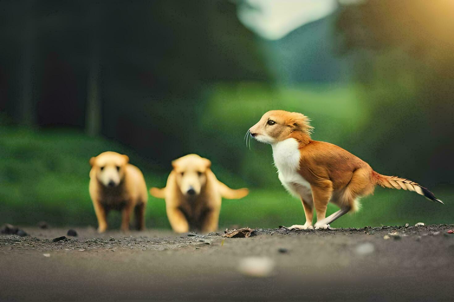 foto papel de parede a estrada, cães, a floresta, a sol, a animais, a animais,. gerado por IA