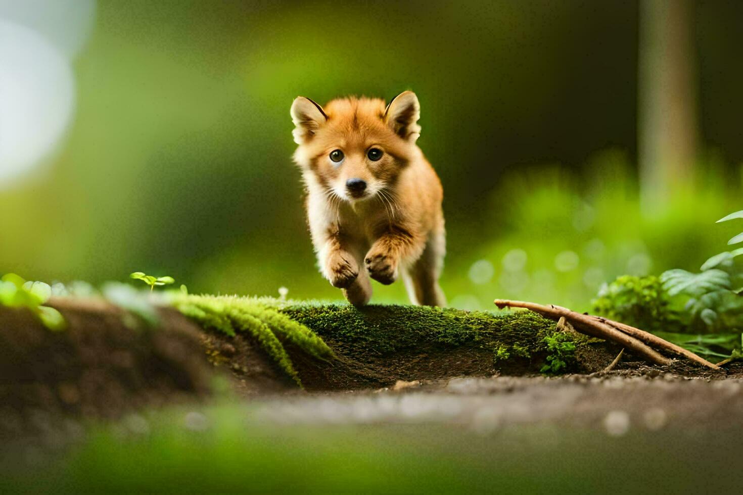 uma cachorro corrida através uma caminho dentro a floresta. gerado por IA foto