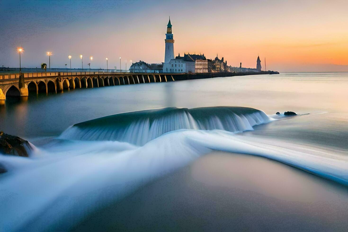 uma grandes exposição fotografia do ondas falhando para dentro a oceano. gerado por IA foto