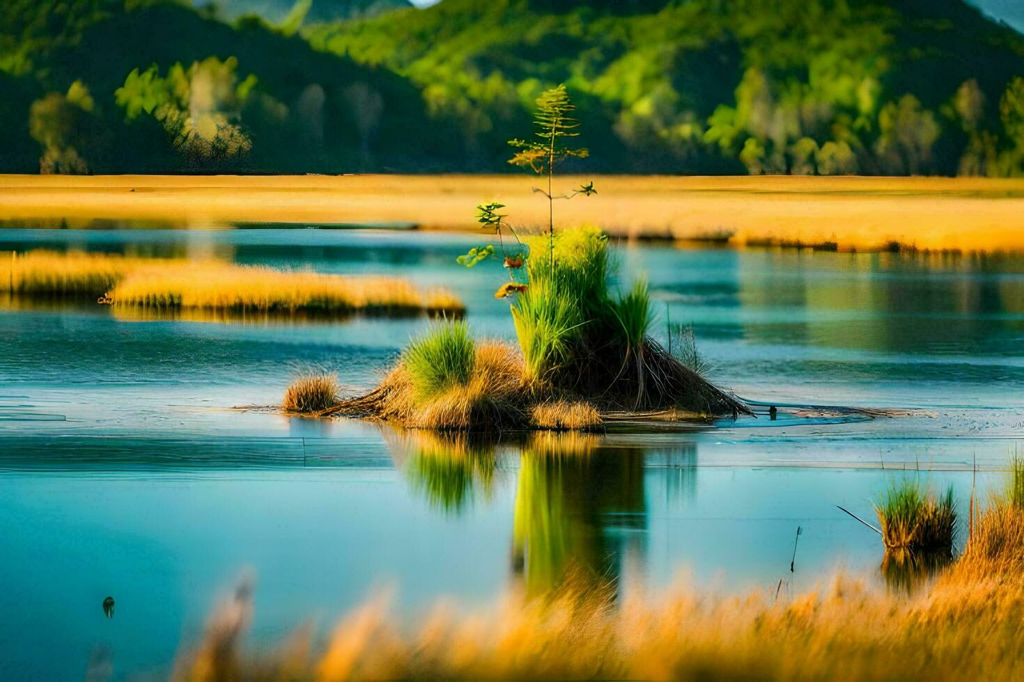 uma pequeno árvore é sentado em topo do uma pequeno ilha dentro a meio do uma lago. gerado por IA foto
