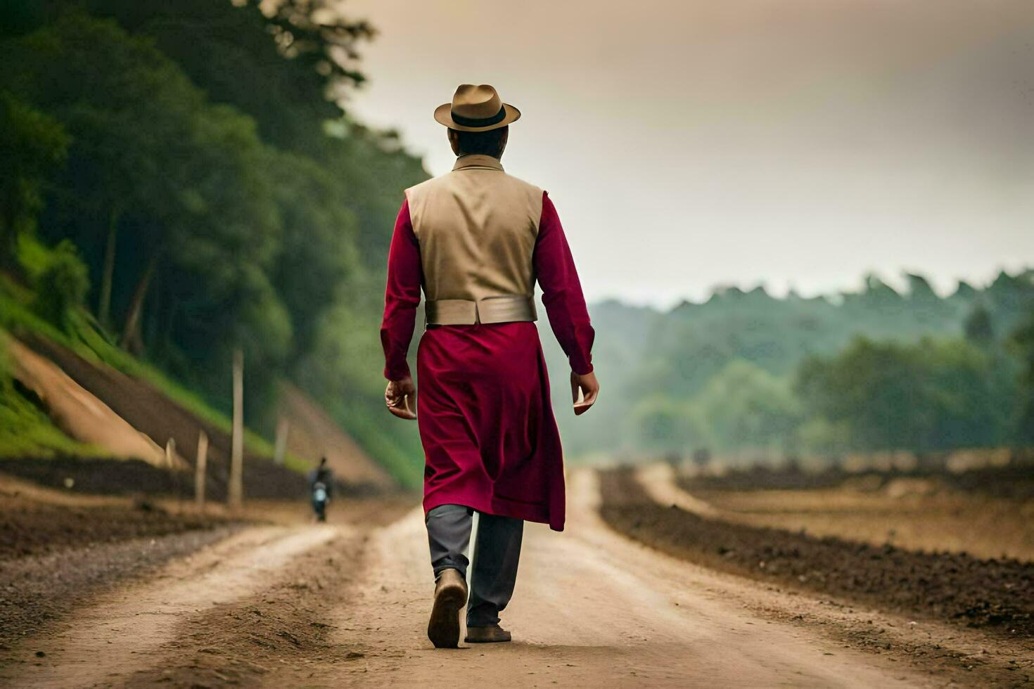 uma homem dentro uma vermelho vestir caminhando baixa uma sujeira estrada. gerado por IA foto