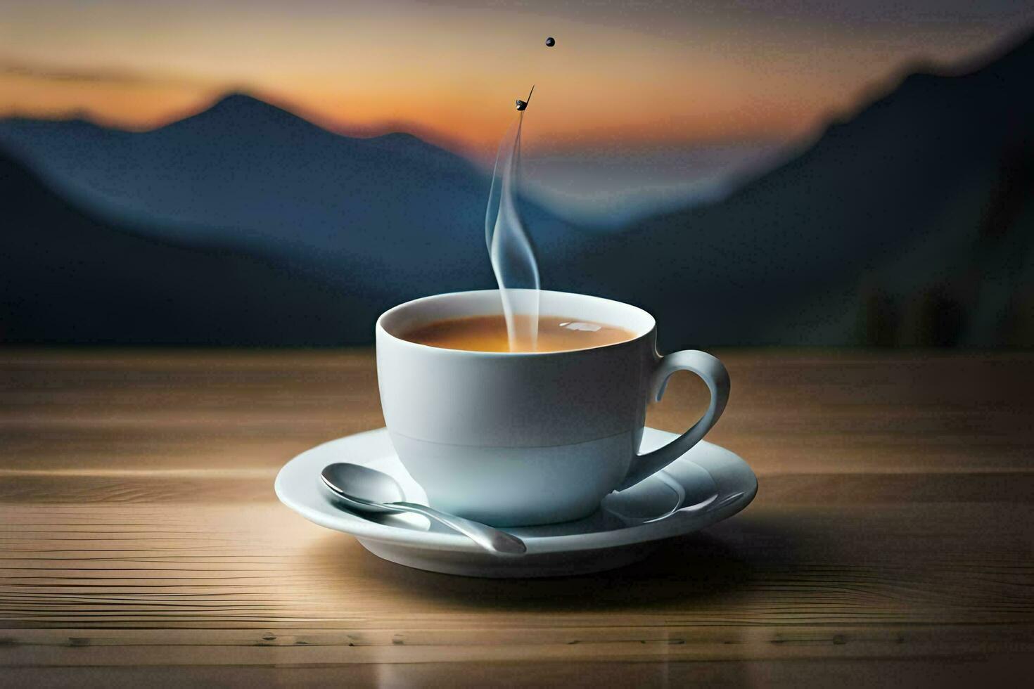 uma copo do café em uma de madeira mesa com montanhas dentro a fundo. gerado por IA foto