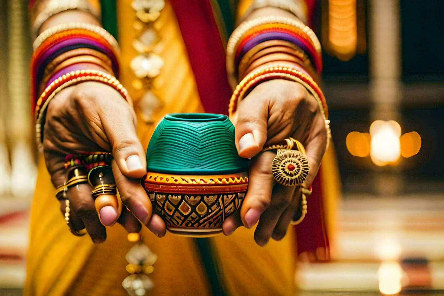 uma mulher segurando uma colorida Panela dentro dela mãos. gerado por IA foto