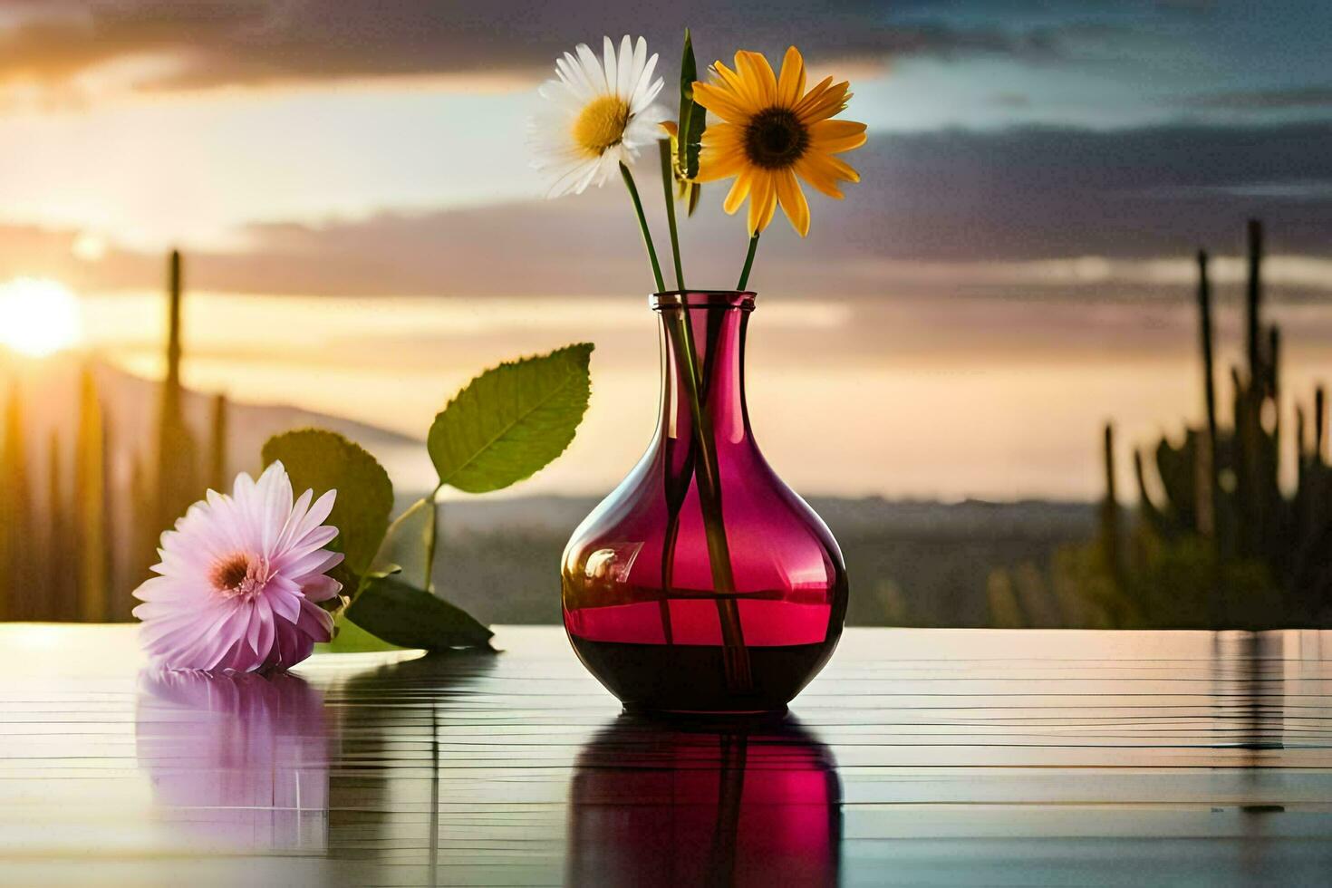 dois flores dentro uma vaso em uma mesa com uma pôr do sol dentro a fundo. gerado por IA foto