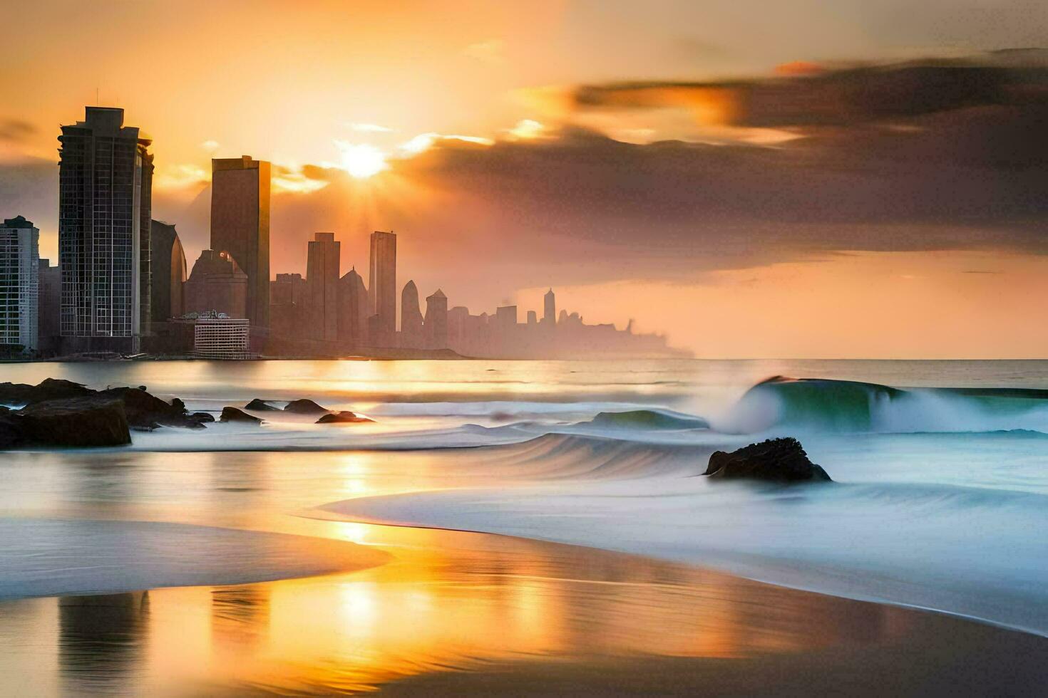 a cidade Horizonte é refletido dentro a água às pôr do sol. gerado por IA foto