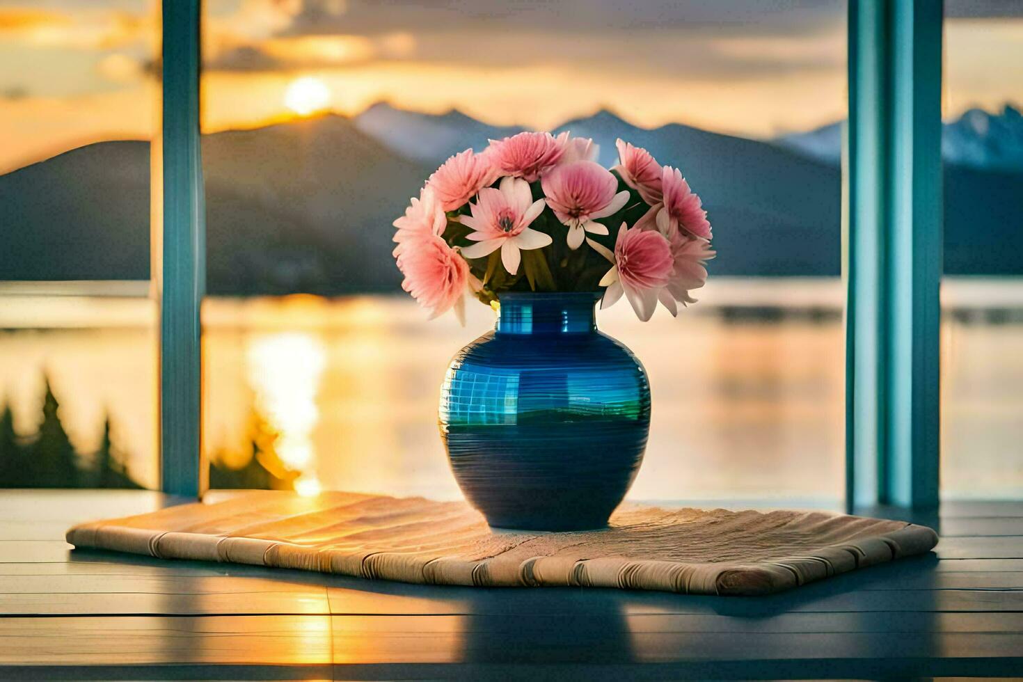 uma vaso com flores em uma mesa dentro frente do uma janela. gerado por IA foto