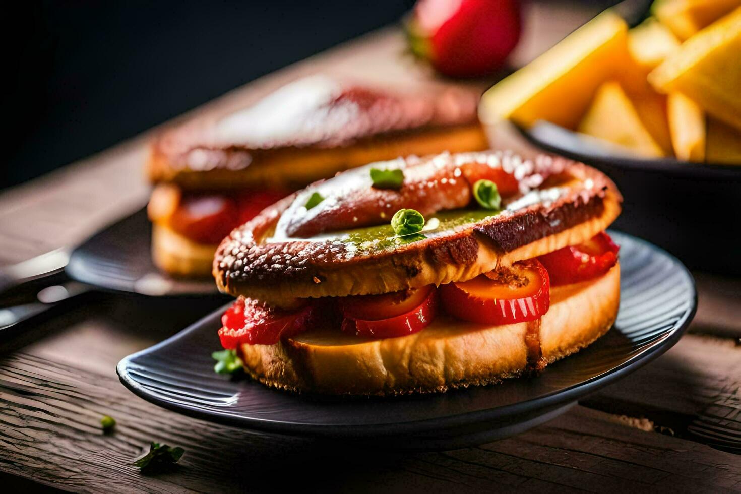 uma sanduíche com tomates e queijo em uma placa. gerado por IA foto