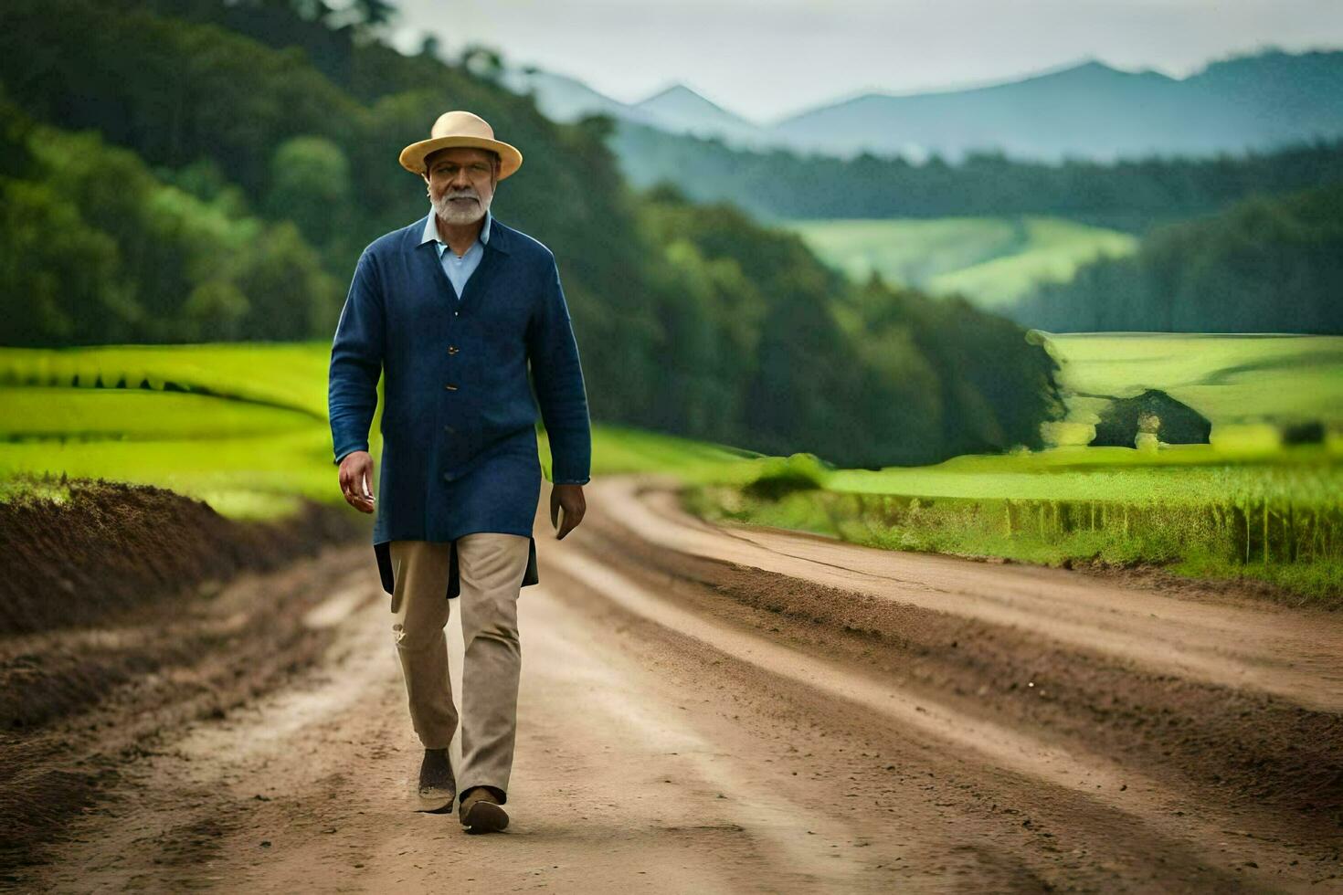 a Mais velho homem caminhando baixa uma sujeira estrada dentro uma campo. gerado por IA foto