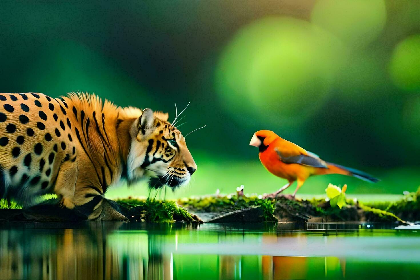 a tigre e a pássaro. gerado por IA foto