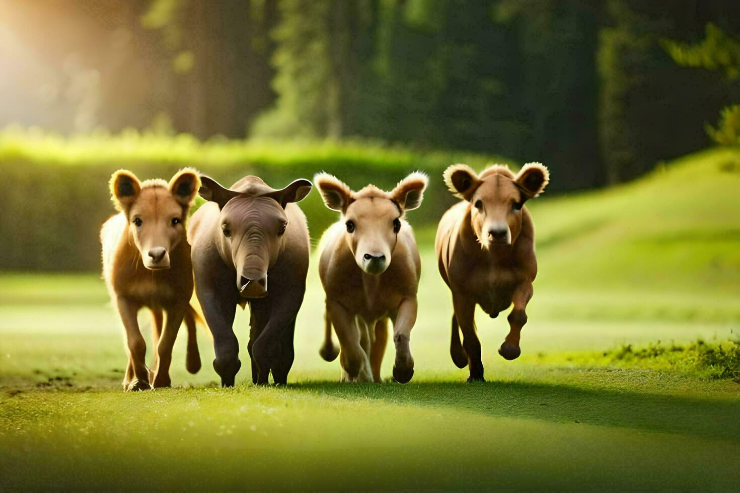 três vacas corrida dentro a grama. gerado por IA foto