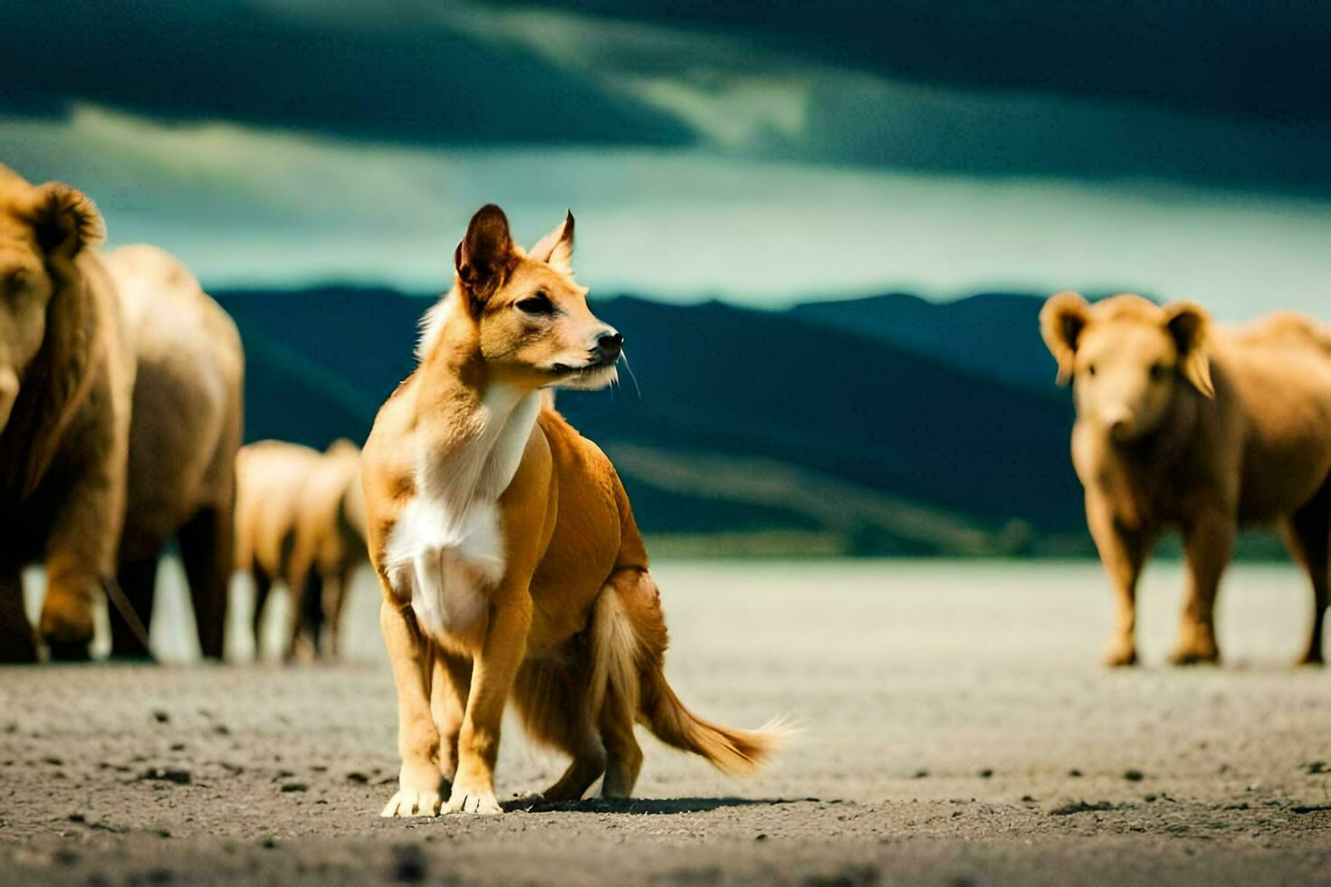 uma cachorro em pé dentro frente do uma rebanho do animais. gerado por IA foto