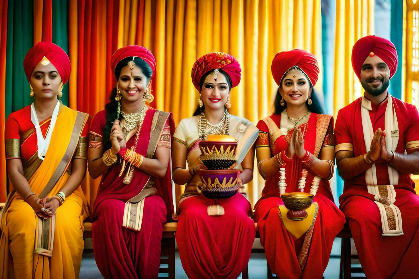 indiano pessoas dentro tradicional vestir pose para uma foto. gerado por IA foto