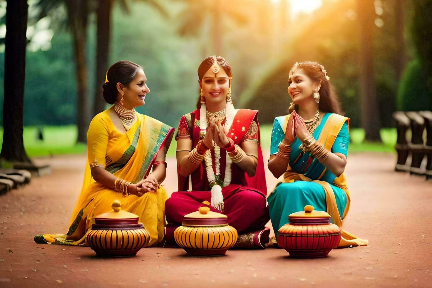 três mulheres dentro tradicional sáris sentado em a chão. gerado por IA foto