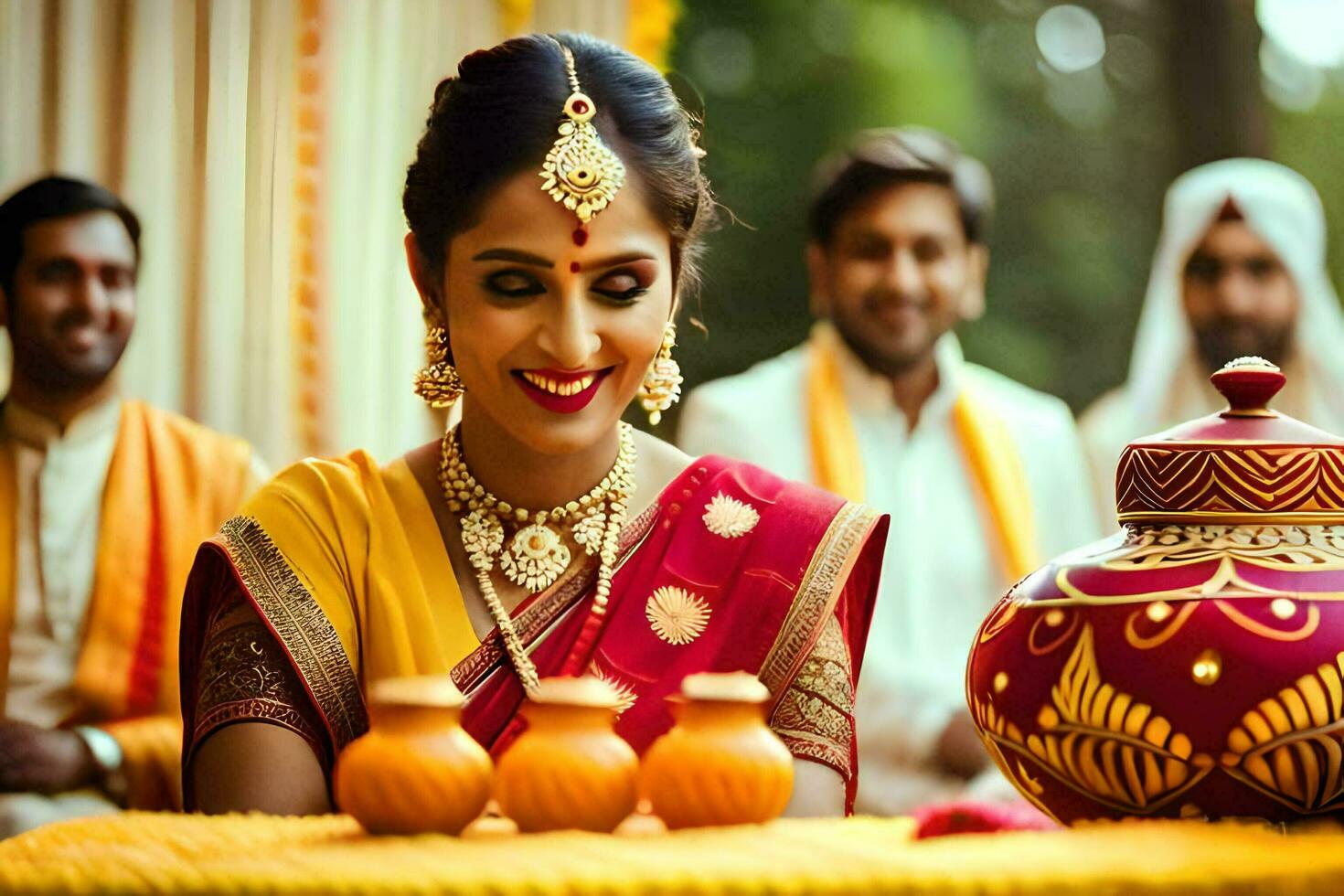 uma mulher dentro tradicional indiano vestuário é sorridente às a Câmera. gerado por IA foto